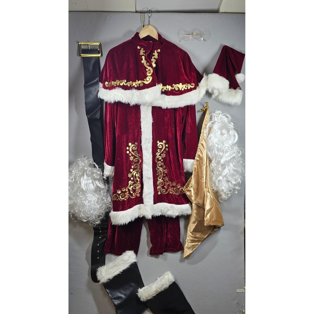 Santa Costume Mens Small Red Velvet‎ Jacket Pants Wig Cape 12pc Set